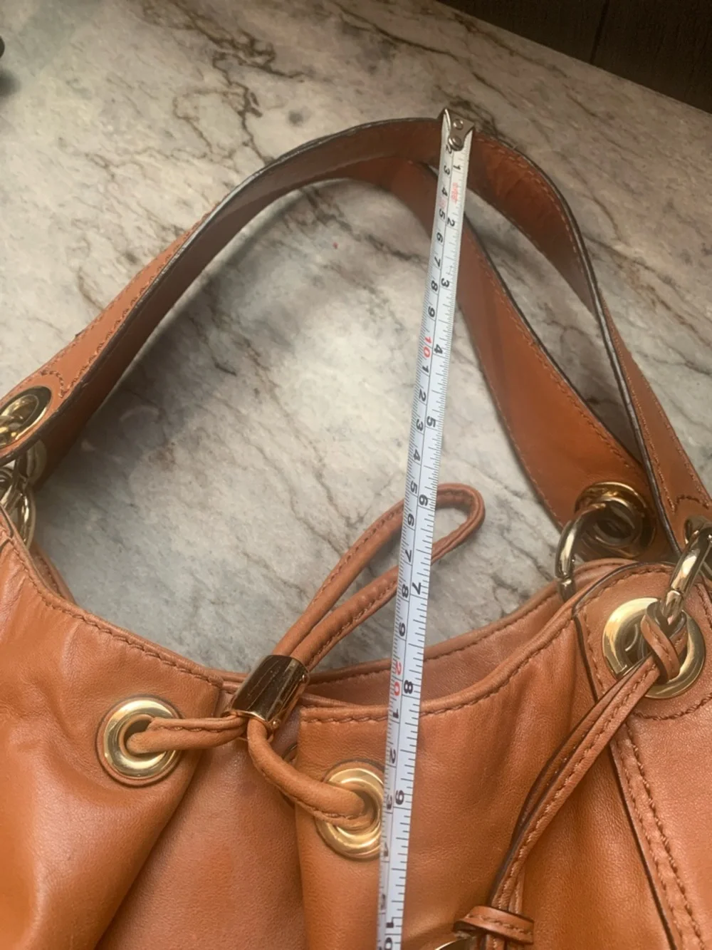 Michael Kors Ludlow Cognac Leather Drawstring Shoulder Bag with Gold Accents - Picture 15 of 16